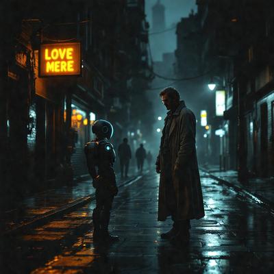 The primary subject of the image is a man and a robot standing on a wet street. The man is wearing a trench coat, and the robot appears to be a futuristic-looking android. The setting is a dark, rainy city street with a neon sign in the background. The visual style is a black and white photo, giving the image a classic and moody atmosphere. The dominant colors are black, white, and shades of gray, reflecting the nighttime and rainy conditions.